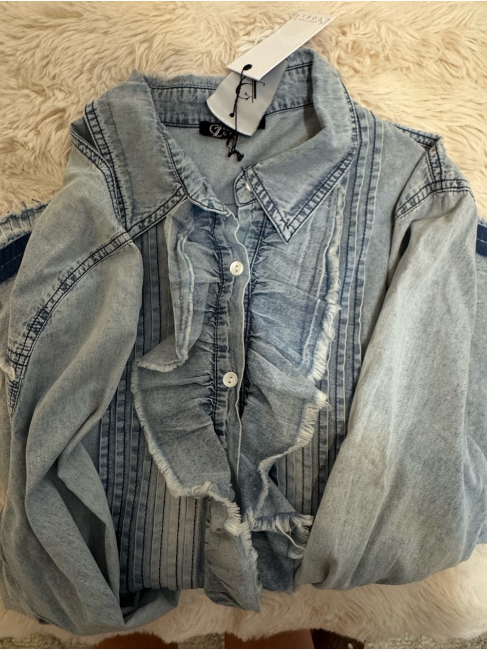 Light Blue Ruffle Denim Button-Down - Picture 6 of 6